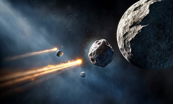 A cosmic scene featuring asteroids and celestial bodies in space.