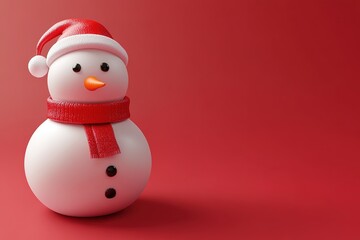 Fototapeta premium Cute snowman on red with copy space