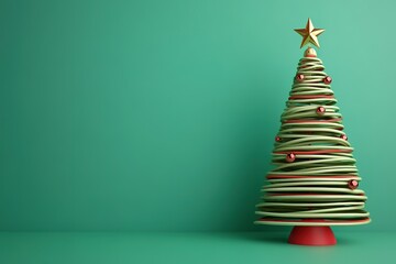 Stylized ribbon Christmas tree with star on green background.