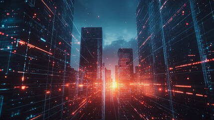 Fototapeta premium Smart digital city with connection cyber security network reciprocity over the cityscape . future smart wireless digital city and social media networking systems that connects people within the city