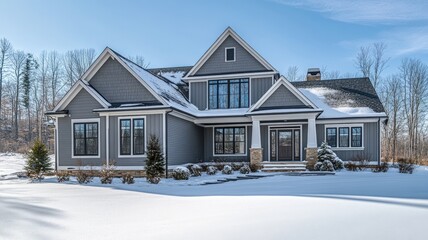 A beautiful grey farmhouse home in snow