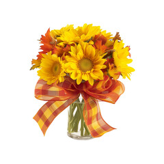 Bright Yellow Sunflowers in a Glass Vase with a Red and Yellow Checkered Bow
