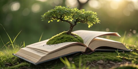 Open book with tree and moss in sunlight