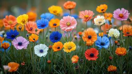 Obraz premium Vibrant wildflowers in meadow during golden hour, showcasing variety of colors including orange, blue, and white, creating cheerful and lively atmosphere