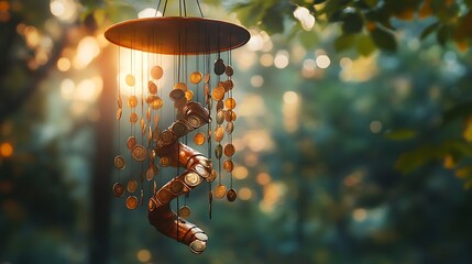 Spiral-shaped copper wind chime, adorned with brass coins, gleaming in soft sunlight, with a misty forest backdrop. Coins dangle and sway, capturing warm light in rich, golden tones, hd detail,