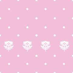 Hand drawn seamless pattern with dots and geometric flowers. White circles and repeat symmetrical floral elements on pink background