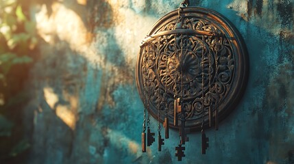 Vintage wind chime with intricate antique keys hanging from an ornately carved wooden disc, swaying gently in the breeze. Set against a weathered wall with dappled sunlight,