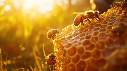 A close-up photo of a honeybee on a honeycomb in the golden sunlight.