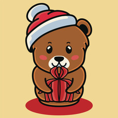 Cute Cartoon Bear with Christmas Gift Vector Illustration