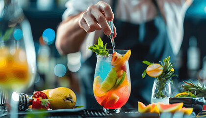 Mixologist preparing a colorful cocktail with a tropical fruit garnish 1 icon per image ar7 4 Generative AI