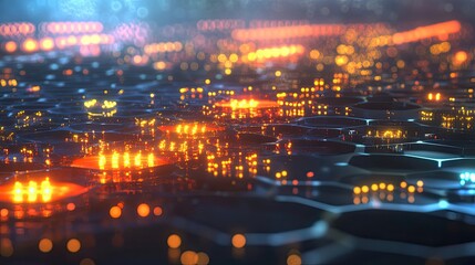 Fototapeta premium Abstract Cityscape with Glowing Lights and Hexagonal Patterns