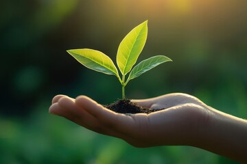 Hand holding a small sapling with green leaves, against a blurred background.