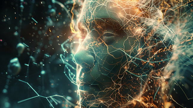 A mystical colorful illustration of a transhuman head blending elements of fantasy and energy to evoke a sense of consciousness and imagination.