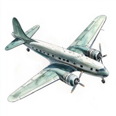 Watercolor style illustration of an airplane isolated on a white background.