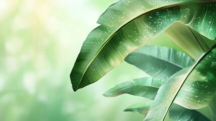 Obraz premium Banana leaves with rain drops, green background