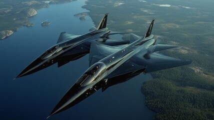 advanced sixth generation fighters, two streamlined swedish stealth jet planes, future JAS gripen influences, flying past lake, black paint
