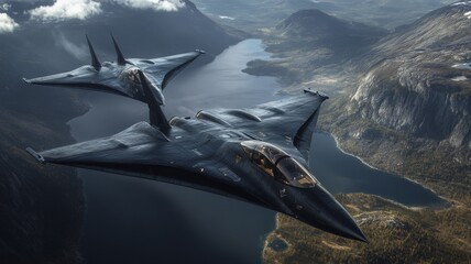 advanced sixth generation fighters, two streamlined swedish stealth jet planes, future JAS gripen influences, flying past lake, black paint