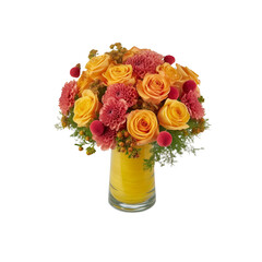 Obraz premium Yellow and Orange Roses in a Yellow Vase