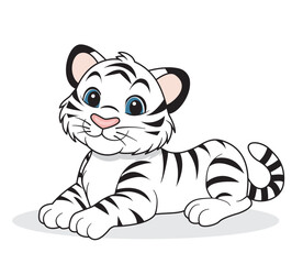 A hand-drawn cute white tiger cub. An albino tiger isolated on a white background.