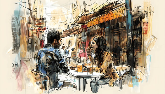 Hand drawn sketch of a couple savoring street food delights in the vibrant lanes of Chandni Chowk D Generative AI