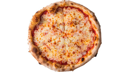 A freshly baked cheese pizza with a golden crust, topped with melted mozzarella cheese and a rich tomato sauce. The pizza is round and has a slightly charred edge.