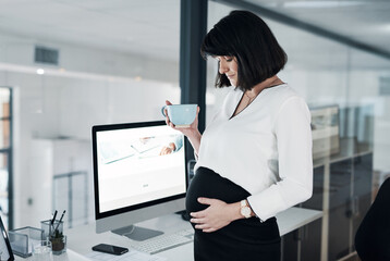 Pregnant, business woman and coffee break in office for project management, research and planning. Maternity leave, pregnancy and female worker with prenatal, knowledge and baby website at desk