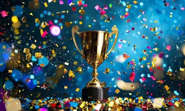 Golden trophy cup with swirling ribbons and sparkling confetti in a celebratory atmosphere, Generative AI