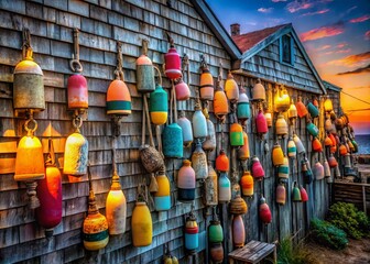 Fototapeta premium Charming Fishing Buoys Decor on Cape Cod Building at Night - Low Light Photography, Coastal Decor, Massachusetts, Nautical Theme, Artistic, Rustic, Colorful, Travel Photography