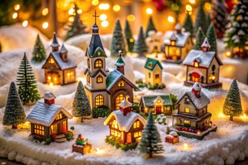 Naklejka premium Charming miniature village scene on cotton batting, perfect for holiday displays. Captivating buildings and delightful decorations create a festive atmosphere for your seasonal decor.