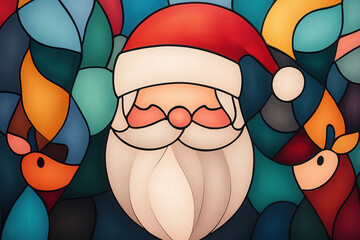 Colorful Stained Glass Style Santa Claus and Reindeer Illustration with Abstract Shapes