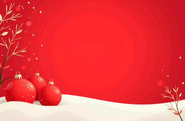 Three red Christmas balls close-up on a red background. Christmas decorations, Christmas tree toys, Xmas and new year banner with copy space