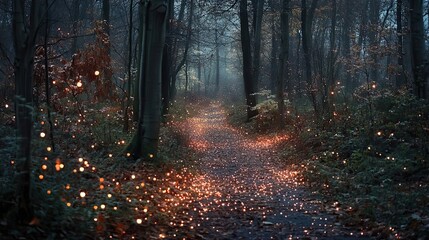 Obraz premium A Mystical Forest Path Lit by Fairy Lights