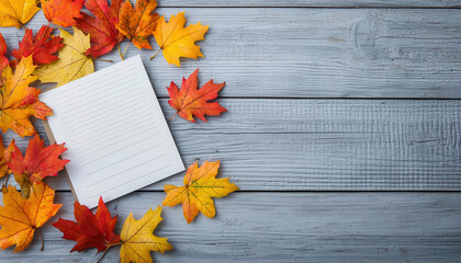 Autumn leaves in vibrant colors scattered across a wooden table with a handwritten Thanksgiving gratitude card, Thanksgiving gratitude, seasonal message of thankfulness