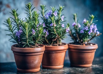 Close-Up of Rosemary Plants with Purple Flowers in Terracotta Pots - Minimalist Nature Aesthetic for Home Decor and Gardening Inspiration