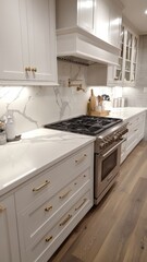 Fototapeta premium Modern farmhouse style kitchen. White shaker style cabinets with a light colored marble countertop
