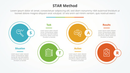 STAR method infographic concept for slide presentation with big circle on horizontal line up and down with 4 point list with flat style