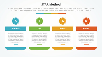 STAR method infographic concept for slide presentation with big table and circle header on top with 4 point list with flat style