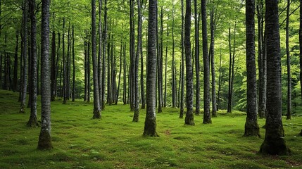 Obraz premium Lush Green Forest with Tall, Slender Trees