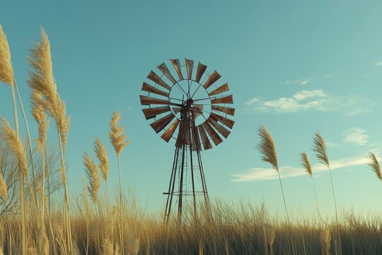 A rusty windmill stands tall in a field of tall grass against a blue sky.