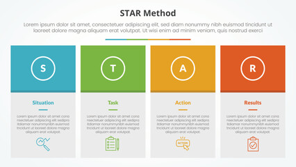 STAR method infographic concept for slide presentation with big box table and colorfull header with 4 point list with flat style