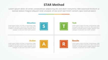 STAR method infographic concept for slide presentation with square base and cross line center with 4 point list with flat style