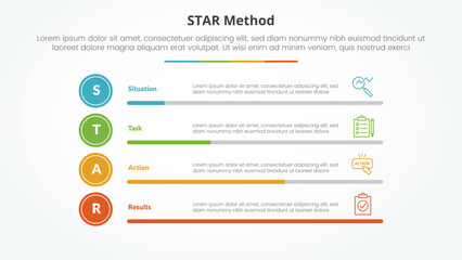 STAR method infographic concept for slide presentation with horizontal bar percentage with 4 point list with flat style