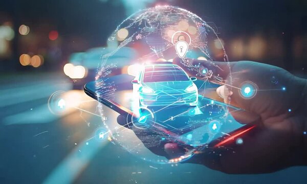 Car with pin and phone in hands. Auto tech, Parking application, Car sharing, Uber service, Mobile navigation technologies, Share ride, City taxi, Parking search, Map location, Rideshare concept.