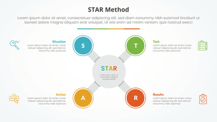 STAR method infographic concept for slide presentation with big circle x shape on center with 4 point list with flat style