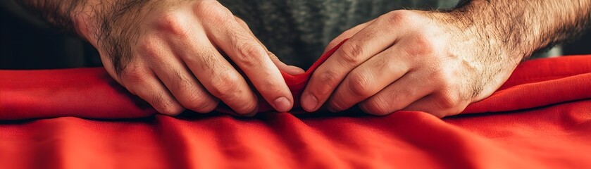 Fototapeta premium Hands Working with Red Fabric