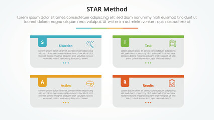 STAR method infographic concept for slide presentation with long rectangle box container with colorful badge header with 4 point list with flat style