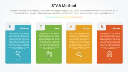 STAR method infographic concept for slide presentation with big vertical box table shape with 4 point list with flat style