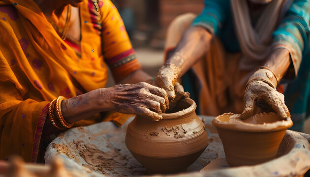 Indian Realistic Couple making pottery together their hands covered in clay creating something bea Generative AI