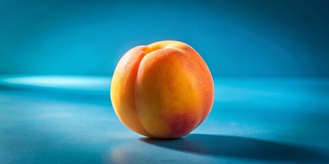 A single, perfectly ripe peach sits on a cool, blue surface, illuminated by a soft light, casting a gentle shadow that creates a sense of tranquility.