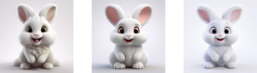Fototapeta premium Three white cartoon bunnies with pink noses and large eyes are sitting up and smiling, isolated on white background.